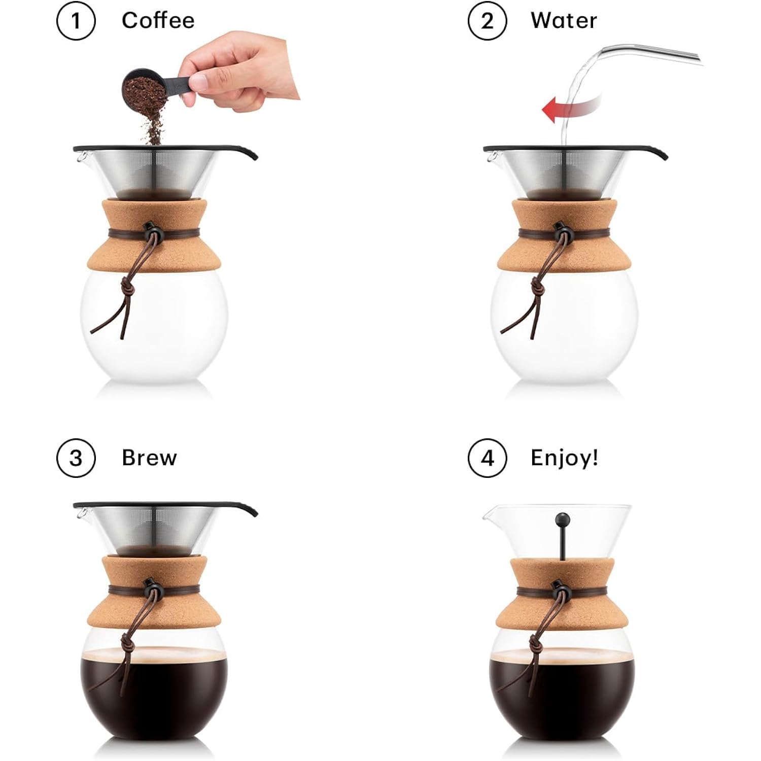 Bodum 34oz Pour Over Coffee Maker, High-Heat Borosilicate Glass with Reusable Stainless Steel Filter and Cork Grip - Made in Portugal