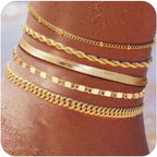 Plus Size Gold Ankle Bracelets for Women Big Ankles, Adjustable Ankle 14K Real Gold Plated Cuban Link Chain Figaro Snake Herringbone Extra Large Anklet Bracelets,Summer Beach Foot Jewelry 10-12inch