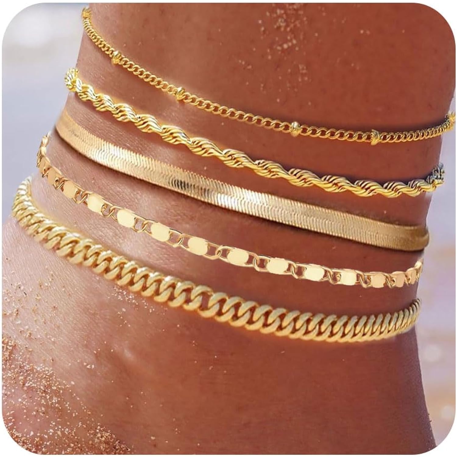 Plus Size Gold Ankle Bracelets for Women Big Ankles, Adjustable Ankle 14K Real Gold Plated Cuban Link Chain Figaro Snake Herringbone Extra Large Anklet Bracelets,Summer Beach Foot Jewelry 10-12inch