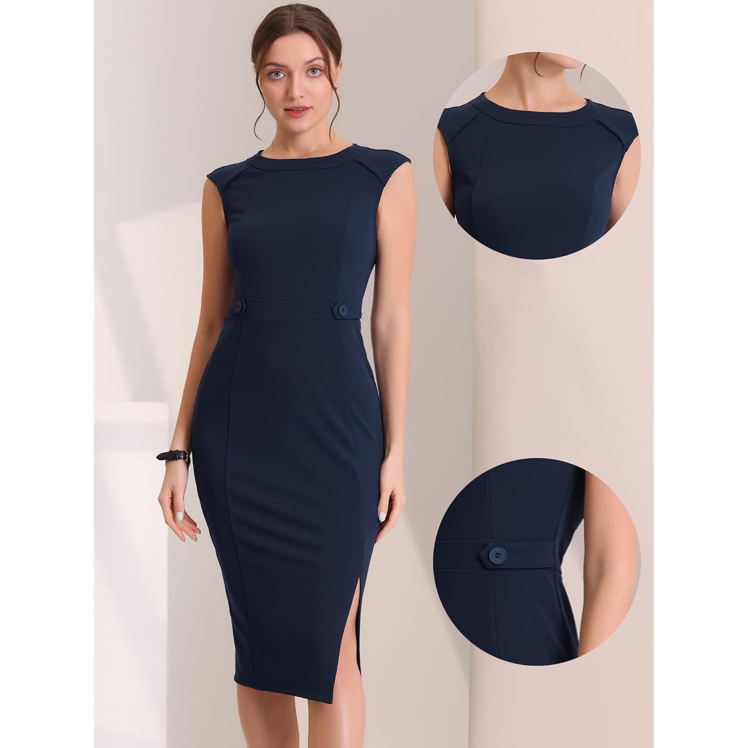 Summer Sleeveless Sheath Dress for Women's 2025 Round Neck Work Bodycon Pencil Dresses