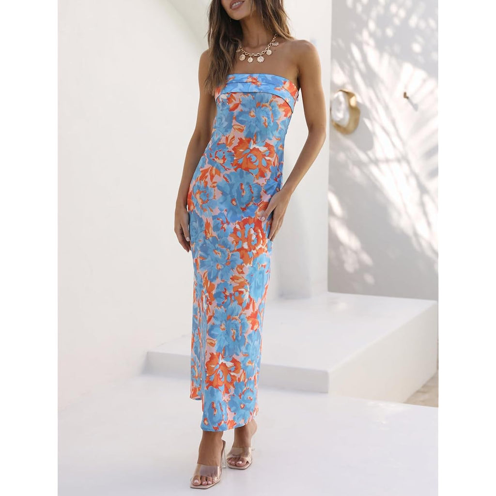Realtix Satin Silk Backless Tube Tops Maxi Dress For Women Low Back Hollow Out Elegant Strapless Long Dresses Wedding Guest