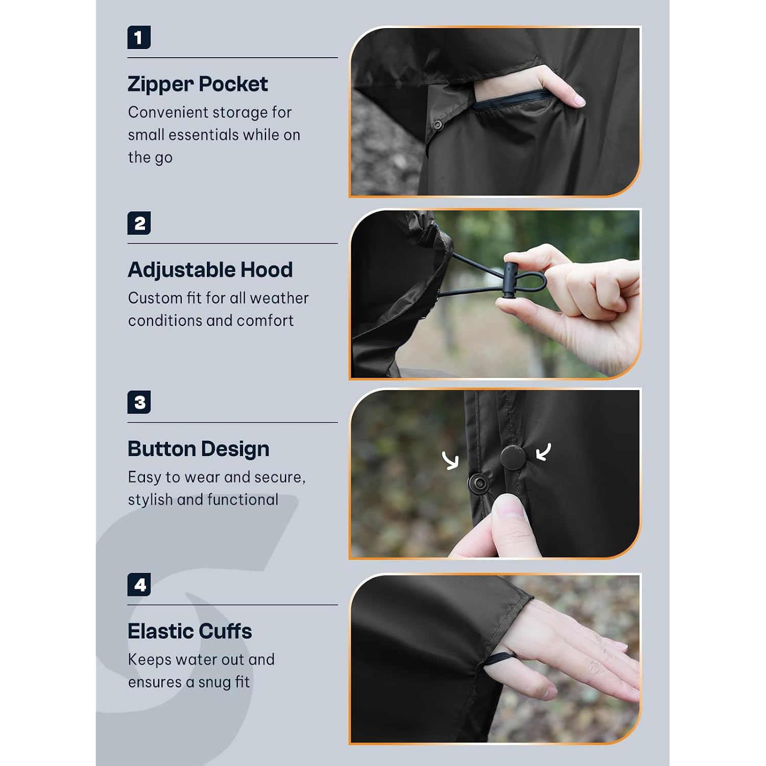 Saphirose Adult Rain Poncho Waterproof Hooded Zipper Raincoat With Pockets | Oeko-Tex Certified 100% Polyester, Lightweight Packable Storage Pouch, Heat-Sealed Seams, Quick-Dry For Outdoor Hiking