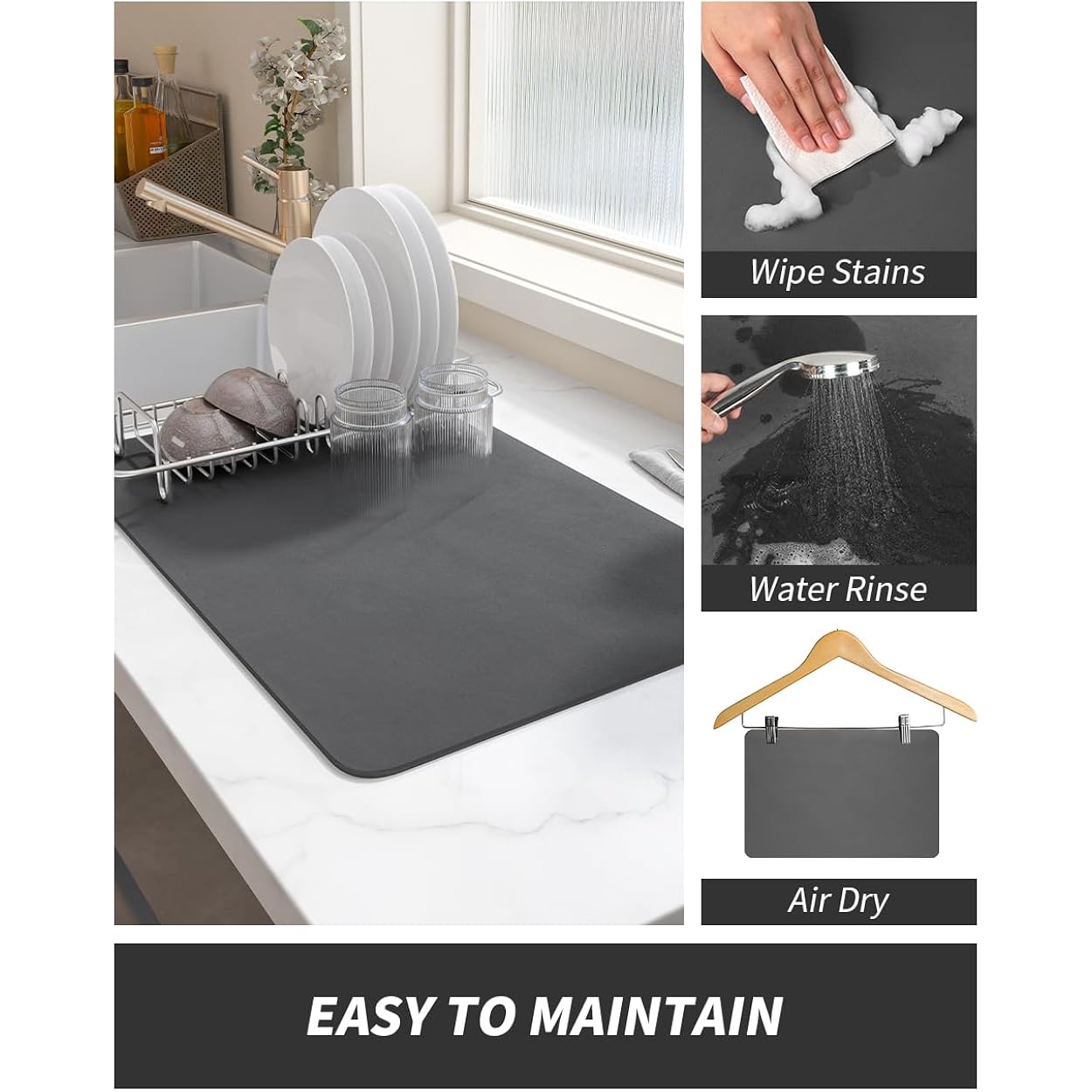 Amoami Coffee Mat Dish Drying Mat For Kitchen Counter-Bar Accessories, Hide Stain, Rubber Backed, Absorbent, Fit Under Coffee Maker, Espresso Machine, Pot, Dish Rack, 12"X19", Dark Grey