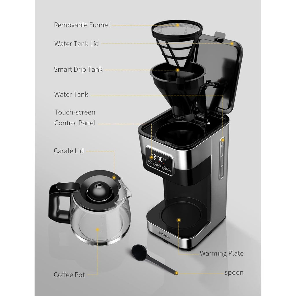 SHARDOR 10-Cup Programmable Coffee Maker, Regular & Strong Brew Drip Coffee Machine for Home and Office, Auto Shut Off, Permanent Filter, Silver
