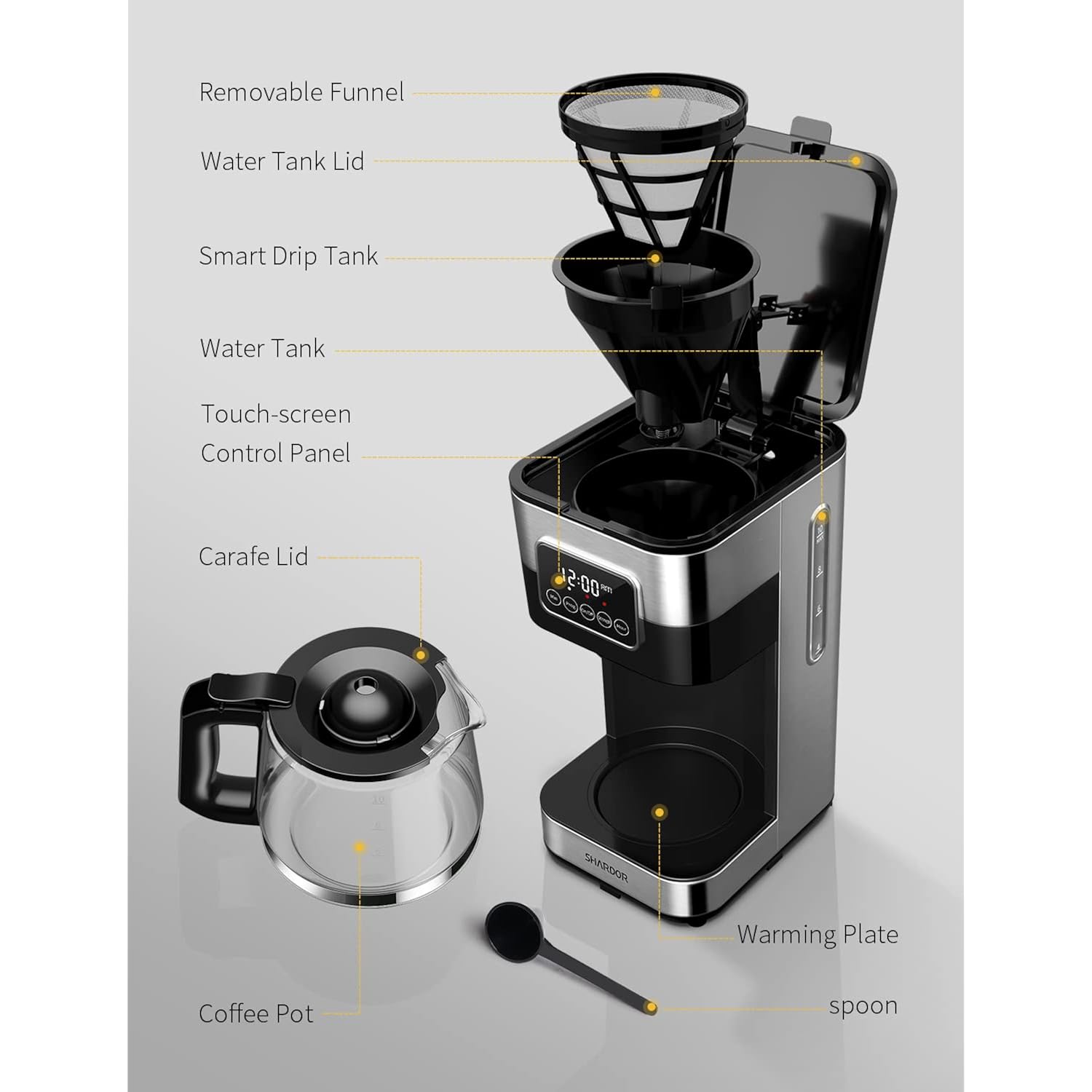 SHARDOR 10-Cup Programmable Coffee Maker, Regular & Strong Brew Drip Coffee Machine for Home and Office, Auto Shut Off, Permanent Filter, Silver