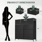 9-Drawer Dresser for Bedroom, Anti-Tip Tall Storage Organizer Chest of Drawers with Wooden Top and Metal Frame Fabric Bins for Closet, Living Room, Hallway, Entryway, Black
