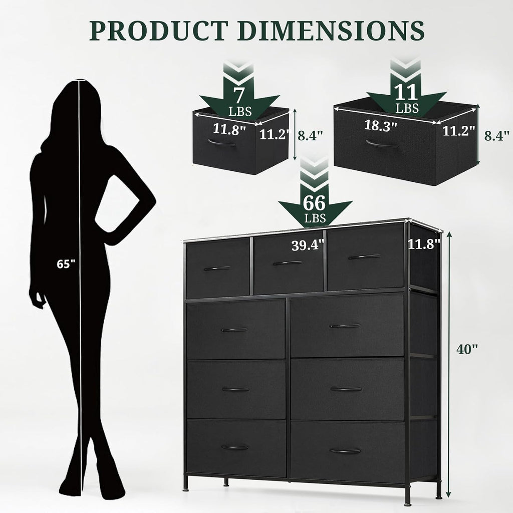 9-Drawer Dresser For Bedroom, Anti-Tip Tall Storage Organizer | Chest Of Drawers With Wooden Top And Metal Frame Fabric Bins For Closet, Living Room, Hallway, Entryway, Black