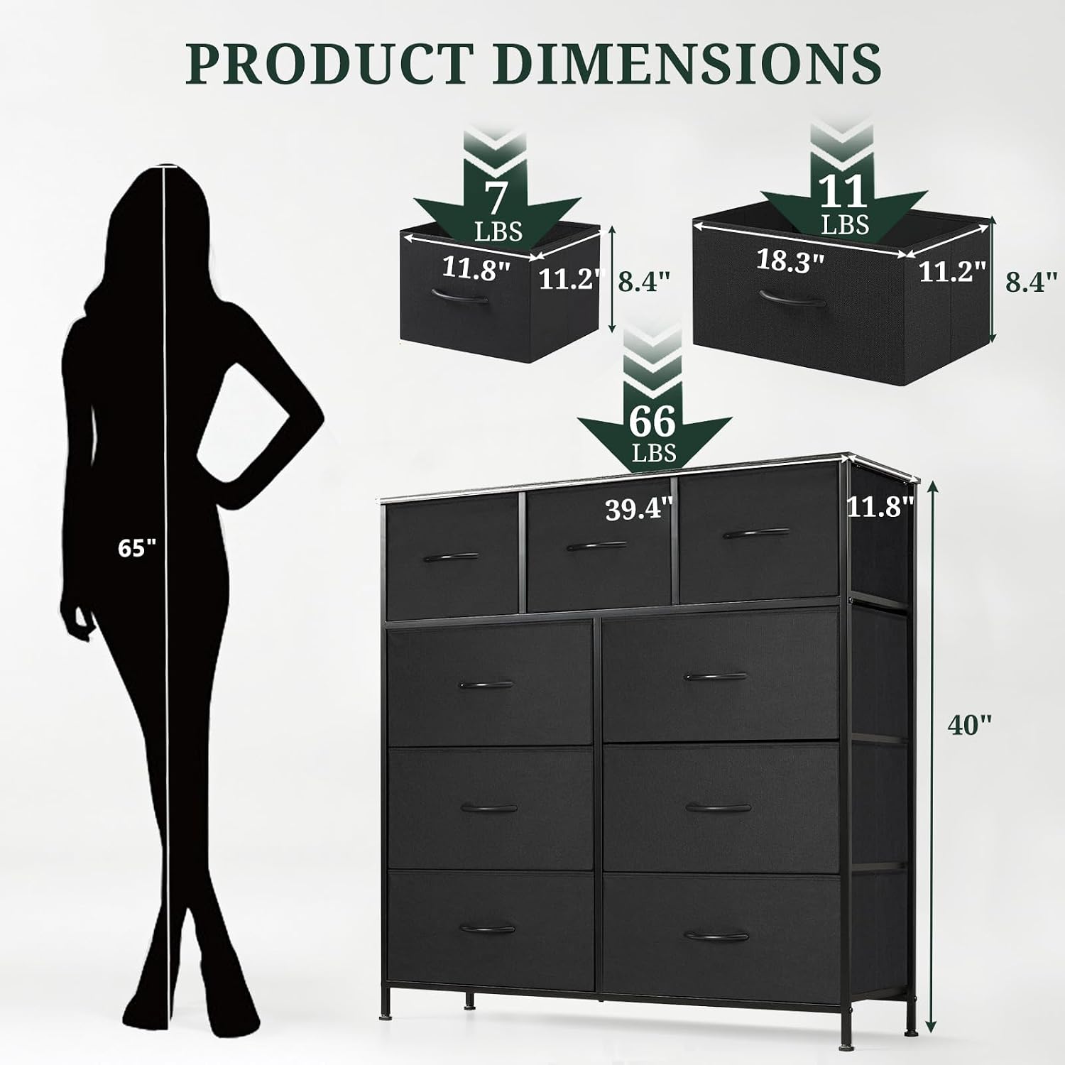 9-Drawer Dresser For Bedroom, Anti-Tip Tall Storage Organizer | Chest Of Drawers With Wooden Top And Metal Frame Fabric Bins For Closet, Living Room, Hallway, Entryway, Black