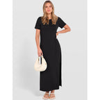 Anrabess Womens Summer Casual Maxi Dress Short Sleeve Crewneck Split Wrinkle-Free Travel Long Sundress Beach Vacation Clothes