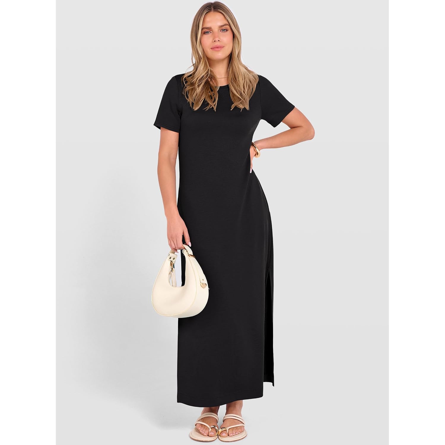 Anrabess Womens Summer Casual Maxi Dress Short Sleeve Crewneck Split Wrinkle-Free Travel Long Sundress Beach Vacation Clothes