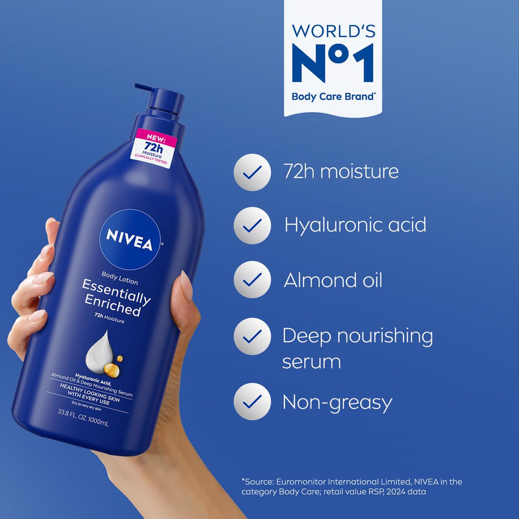 Nivea Essentially Enriched Body Lotion For Very Dry Skin With Hyaluronic Acid, Almond Oil And Deep Nourishing Serum, 72-Hour Body Moisturizer, 33.8 Fl Oz Value Size Pump Bottle