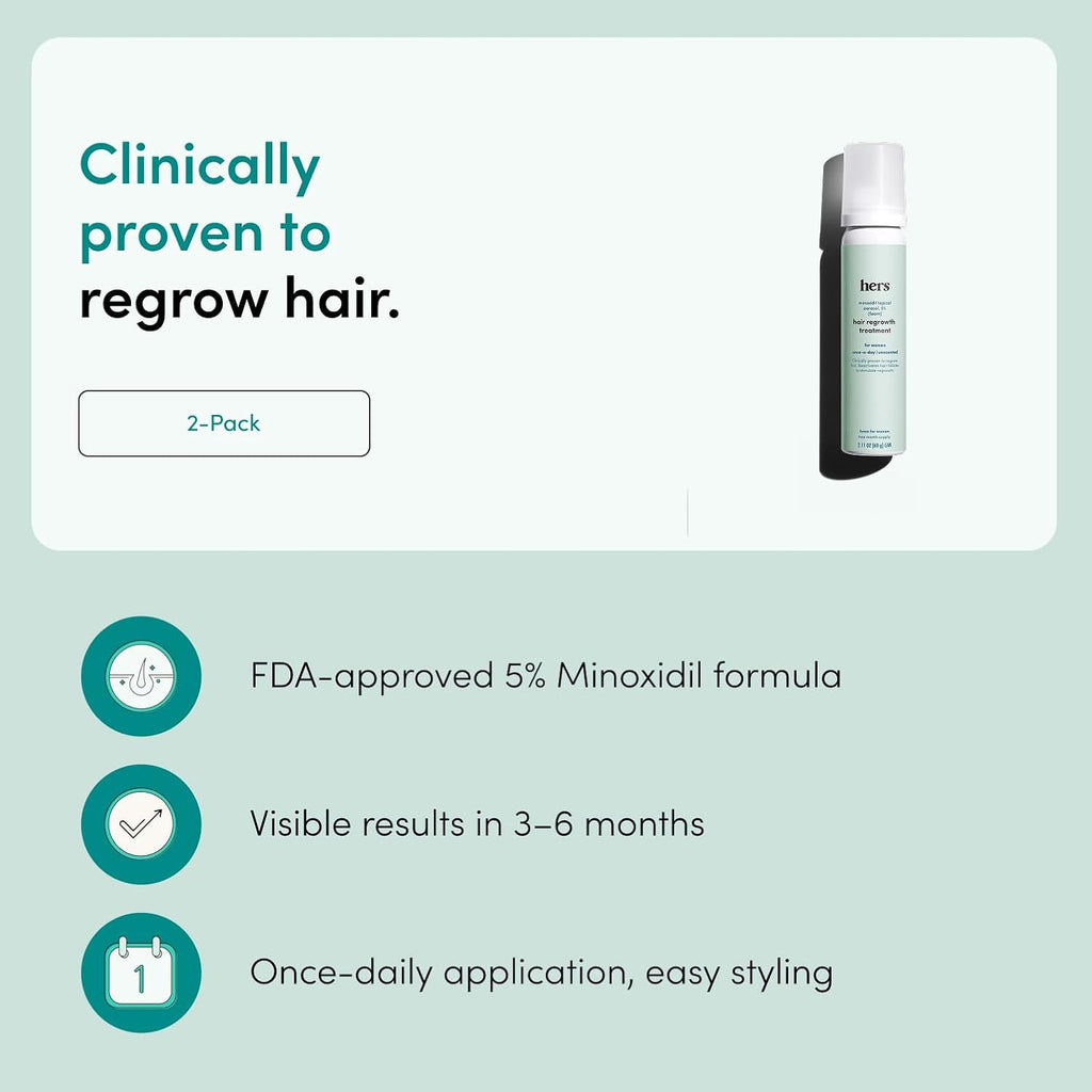hers Hair Regrowth Treatment - Topical Minoxidil 5% Foam for Women - Extra Strength - Supports Thicker, Fuller Hair - Non-Greasy - Unscented, 2 Pack