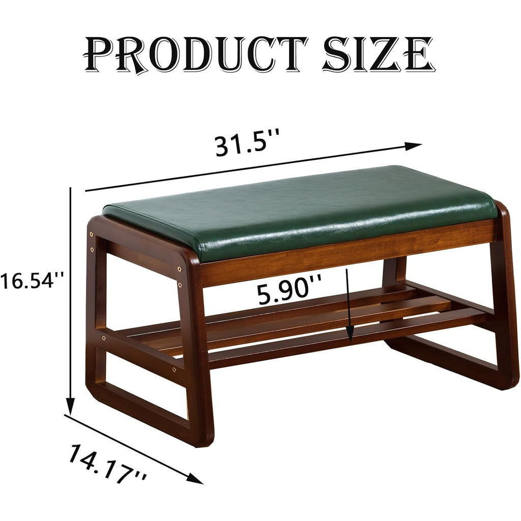Latifolia Solid Wood Bench, Entryway Shoe Bench With Cushion, 2 Tier Shoe Storage Organizer For Hallway, Living Room(Green,31.50''L)