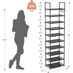 10 Tiers Tall Shoe Rack 20-25 Pairs Boots Organizer Storage Sturdy Narrow Shoe Shelf For Entryway, Closets With Hooks, Black