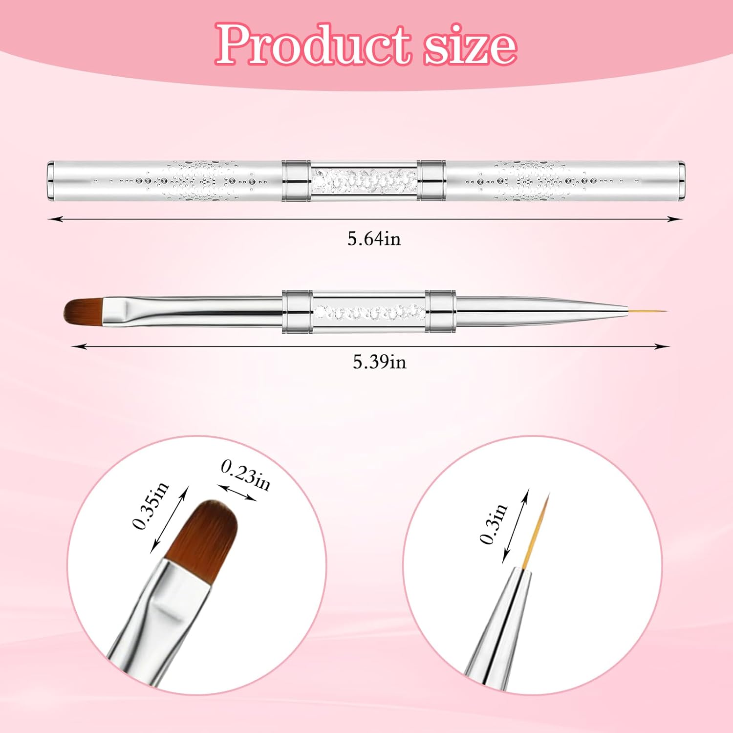 2 Pcs Double-Ended Builder Gel Brush, Hard Gel Nail Brushes Oval French Tip Brush, Liner Brushes for Nails, Rhinestone Handle Nail Drawing Brushes for Design Nail