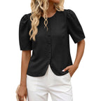 Womens Short Puff Sleeve Button Down Shirts Dressy Casual Blouses Summer Round Neck Cotton Tops