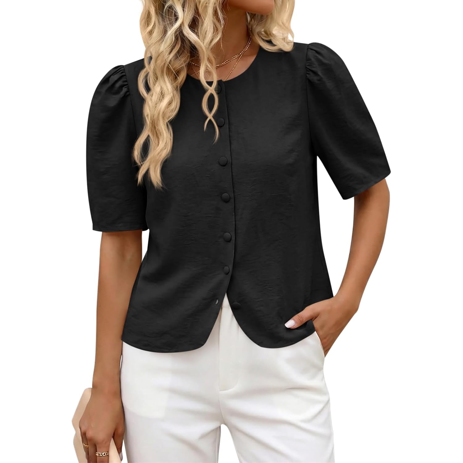 Womens Short Puff Sleeve Button Down Shirts Dressy Casual Blouses Summer Round Neck Cotton Tops