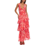 Women'S Floral Maxi Dress Sexy Deep V Neck Backless Ruffles Dresses Beach Party Wedding Guest Dress