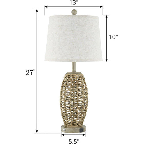 27” Natural Rattan Table Lamps Set Of 2,Touch Switch,3-Way Dimmable Bedside Lamps, With A+C Usb Charging Ports,Oatmeal Lampshade,Farmhouse Table Lamp For Bedroom, Living Room(2 Bulbs Included)