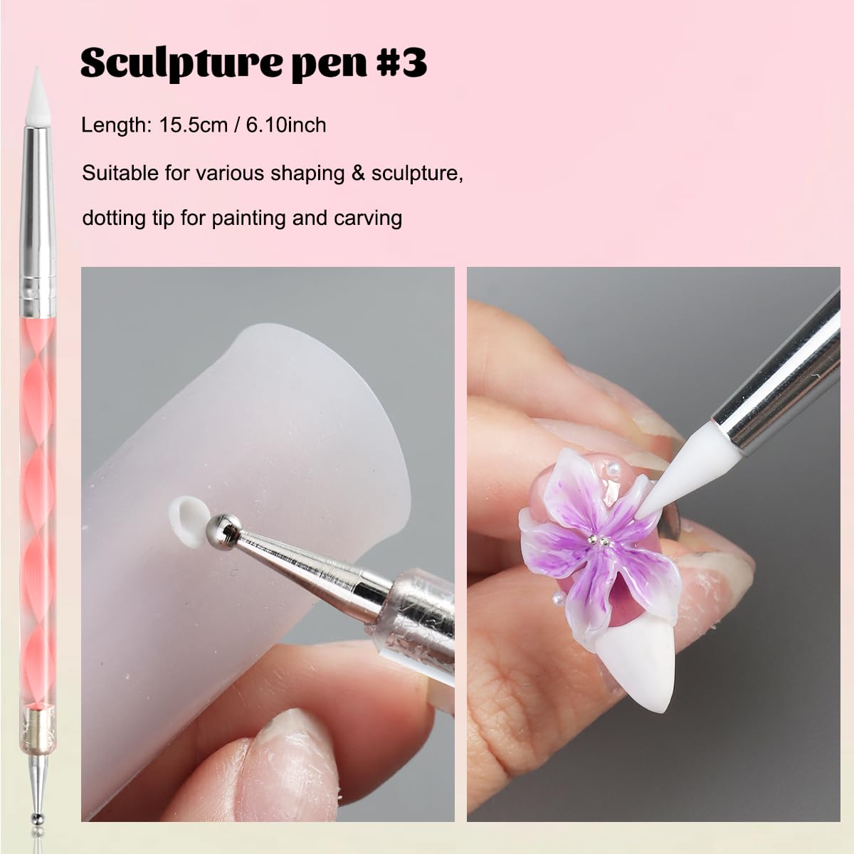Fcozpjk Nail Art Sculpture Pen, 3PCS Double-head Stainless Steel 3D Gel Art Sculpting Pens Dotting Tools Acrylic Powder Flower Design Carving Modeling for Builder Gel Chrome Powder Applicator Manicure