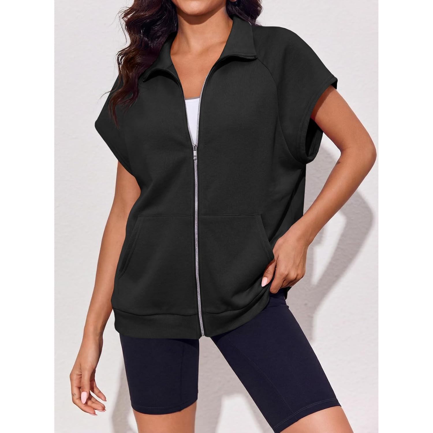 Women's Zip Up Sweatshirts Sleeveless Oversized Casual Solid Color Sweatshirt with pockets