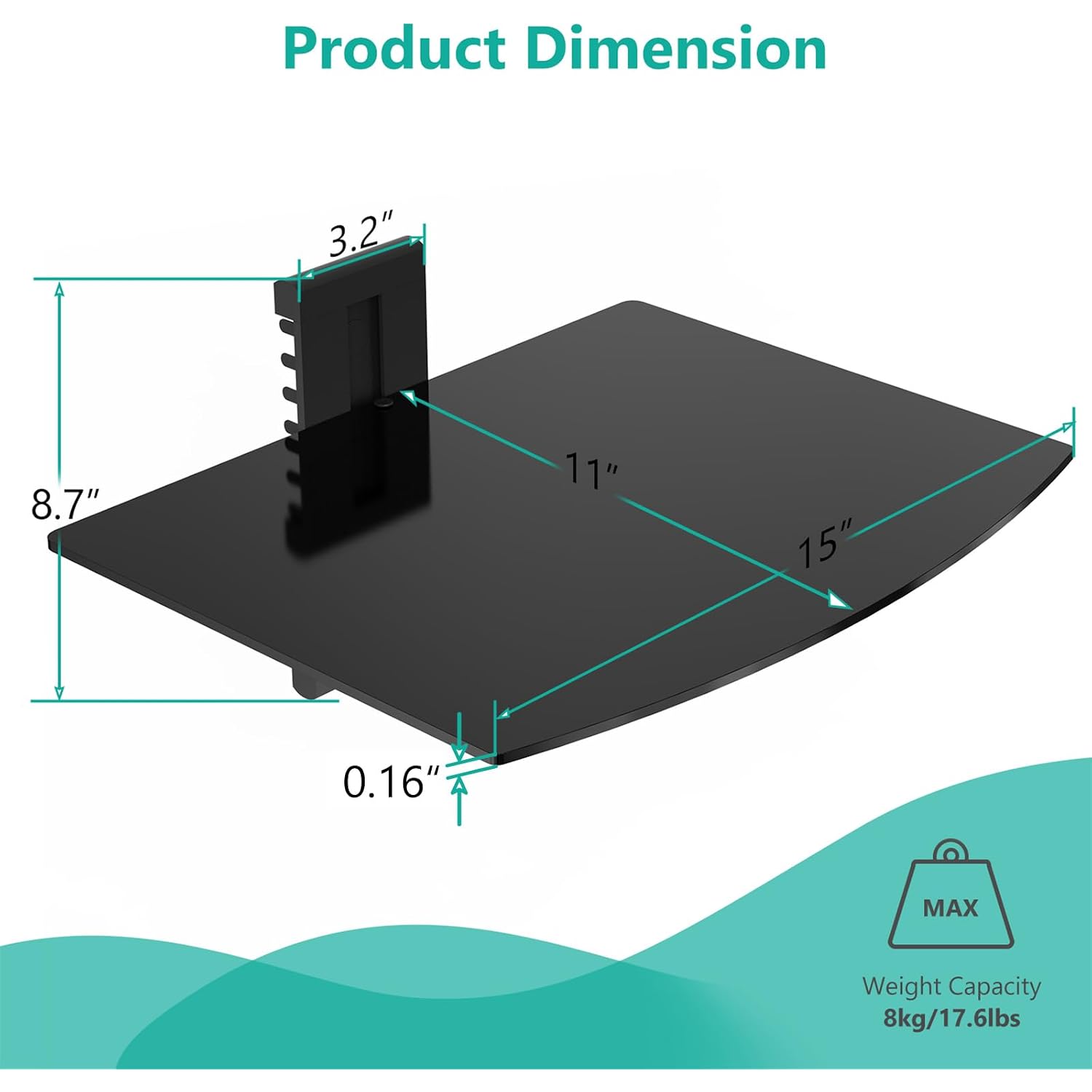 Wali Floating Tv Shelf, 1 Tier Glass Projector Shelf For Dvd Players, Routers, Game Consoles, Cable Boxes, Living Room Decor, Wall Mount Shelves Hold Up To 17.6Lbs (Cs201B), 1-Shelf, Black