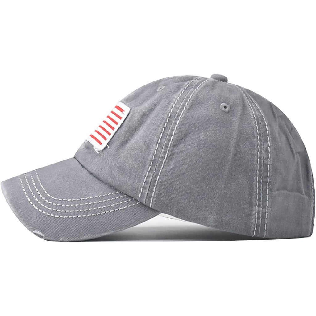Women American Flag Ponytail Hat Embroidery Washed-Cotton Messy Bun Baseball-Cap Adjustable Grey
