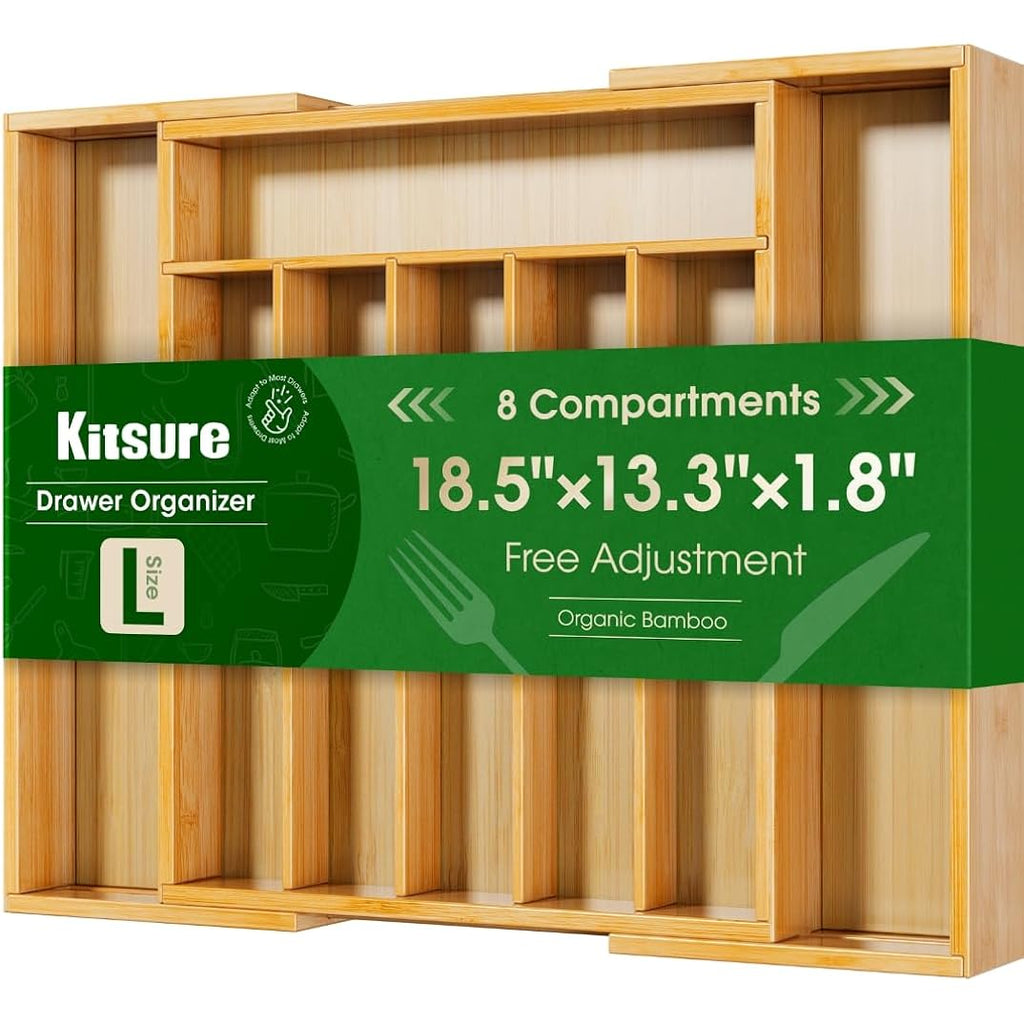 Kitsure Silverware Organizer - Expandable Bamboo Kitchen Drawer Organizer For Cooking Utensils And Cutlery, Sturdy & Thickened Kitchen Organizers And Storage Solution, Large, Natural