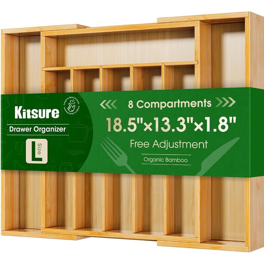 Kitsure Silverware Organizer - Expandable Bamboo Kitchen Drawer Organizer For Cooking Utensils And Cutlery, Sturdy & Thickened Kitchen Organizers And Storage Solution, Large, Natural