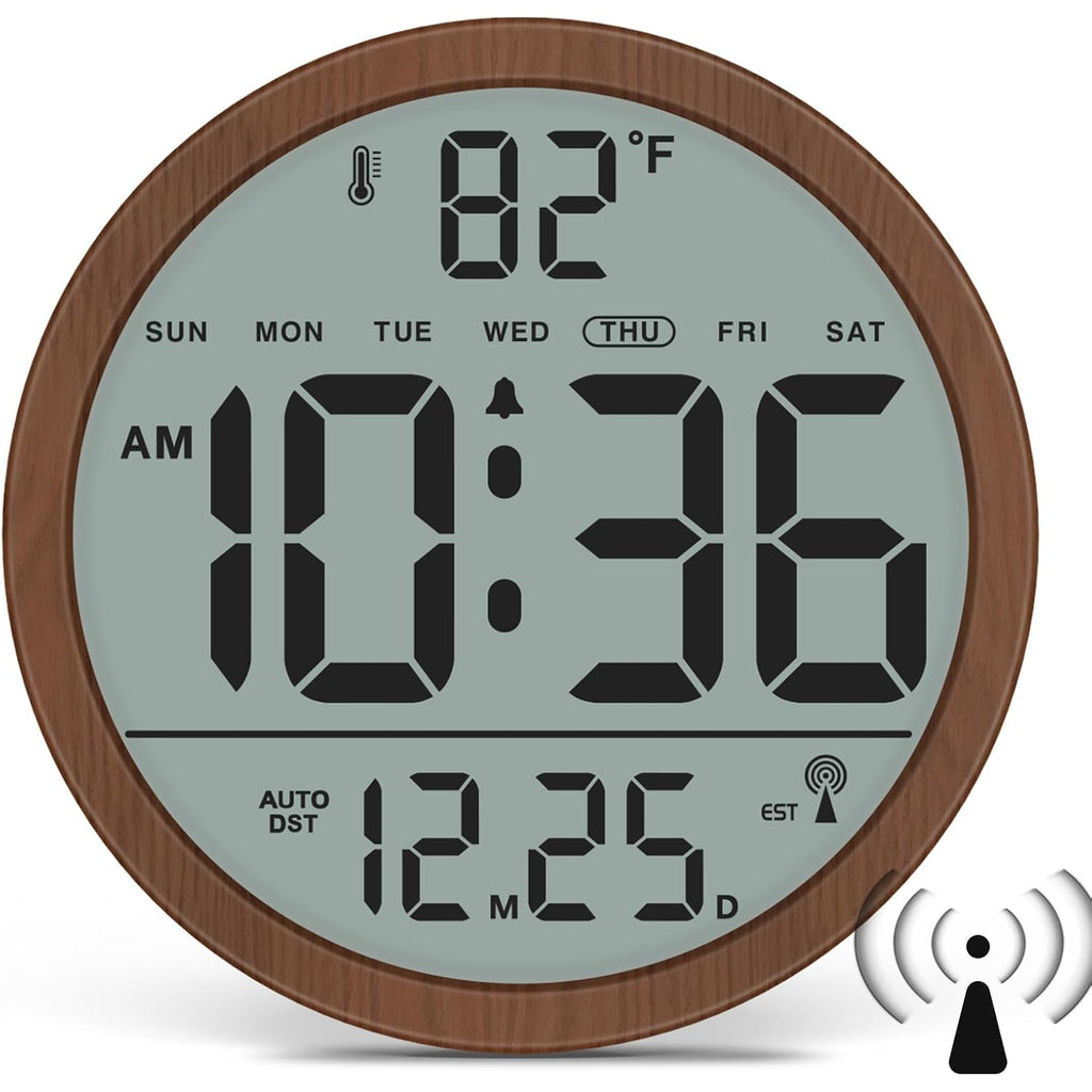 Atomic Wall Clock - Never Needs Setting, Digital Wall Clock Battery Operated With Date, Temp, Dst, Self-Setting Time, Easy To Read 8 Inch Display For Bedroom, Living Room, Home, Office