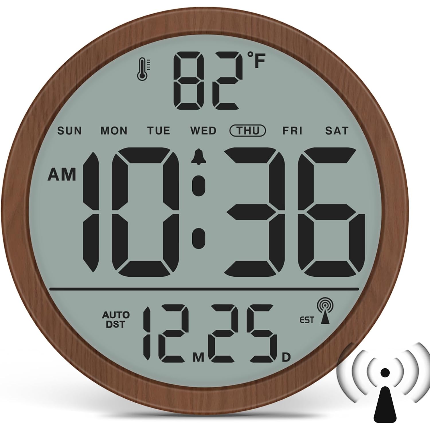 Atomic Wall Clock - Never Needs Setting, Digital Wall Clock Battery Operated With Date, Temp, Dst, Self-Setting Time, Easy To Read 8 Inch Display For Bedroom, Living Room, Home, Office