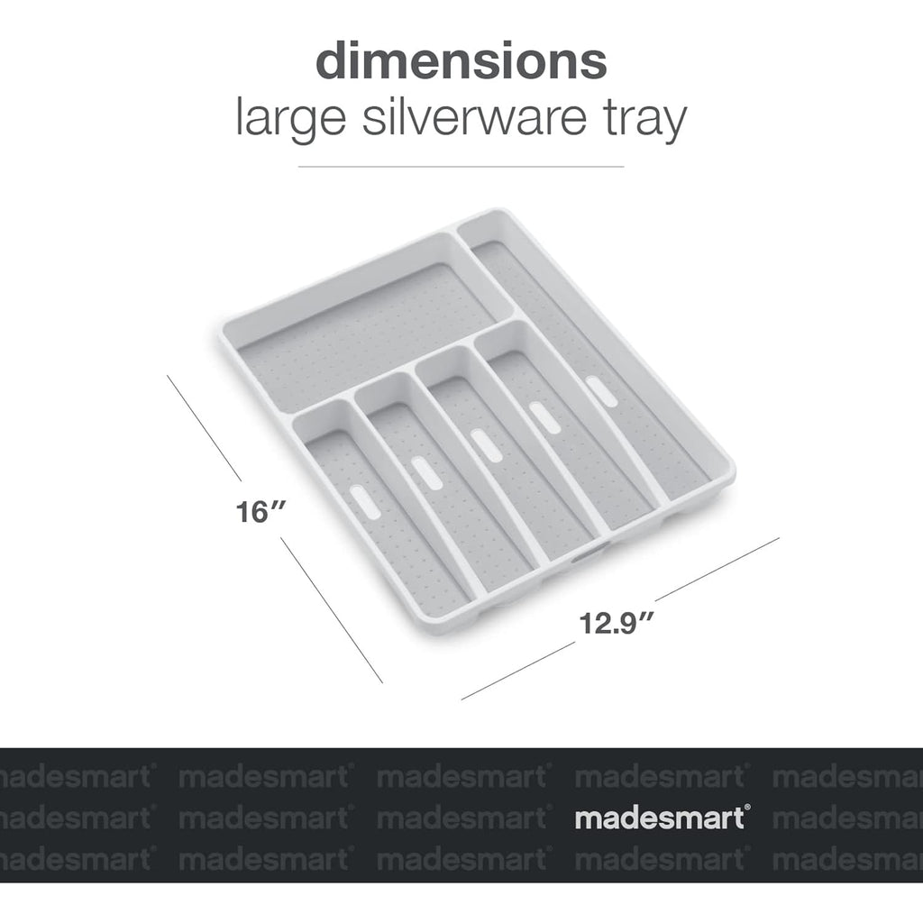 Madesmart Classic Large Silverware Tray - White |Classic Collection | 6-Compartments| Kitchen Drawer Organizer | Soft-Grip Lining And Non-Slip Rubber Feet | Bpa-Free