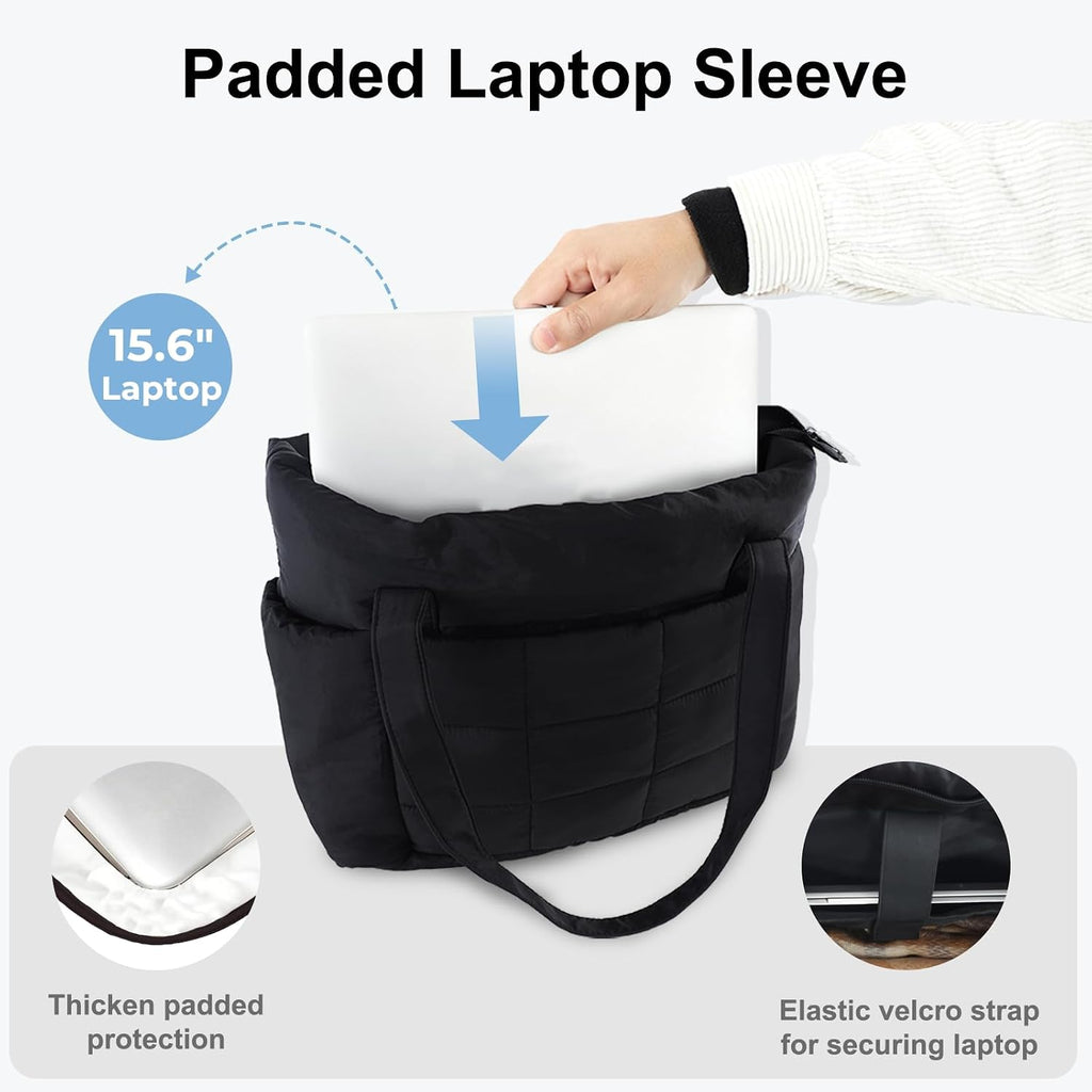U+U Puffer Tote Bag For Women, Quilted Work Handbag With Compartments, Puffy Shoulder Bag With Yoga Mat Strap For Daily, Gym