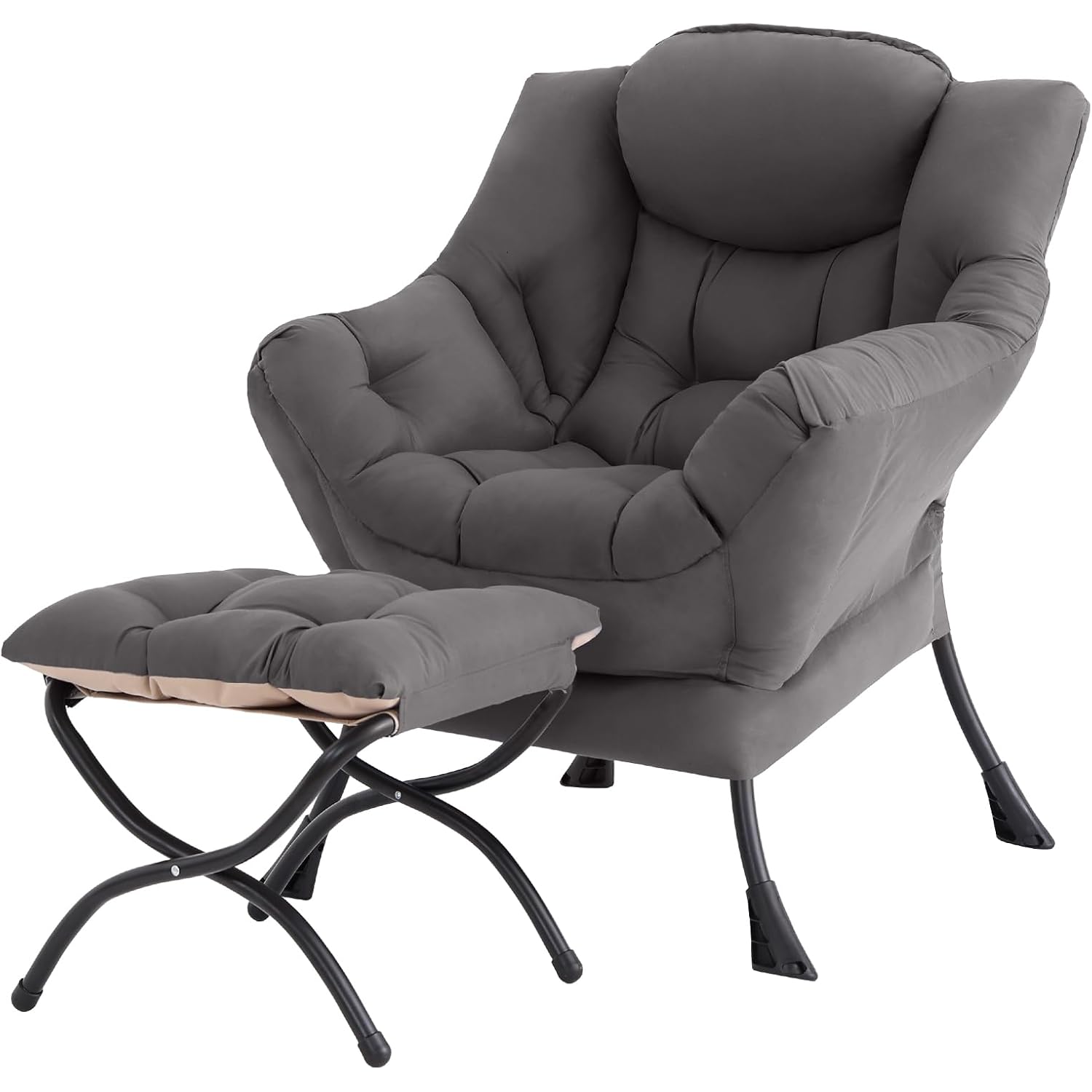 Lazy Chair With Ottoman, Gray Modern Large Accent Chairs, Comfy Leisure Sofa Armchair With Ottoman, Reading Chair With Footrest For Bedroom, Living Room, Dorm Rooms, Garden Dark Grey