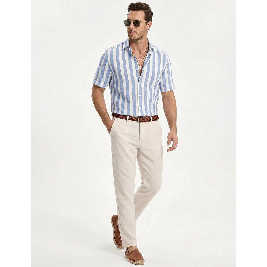 Jmierr Men'S Casual Stylish Short Sleeve Button-Up Striped Dress Shirt Cotton Beach Shirts