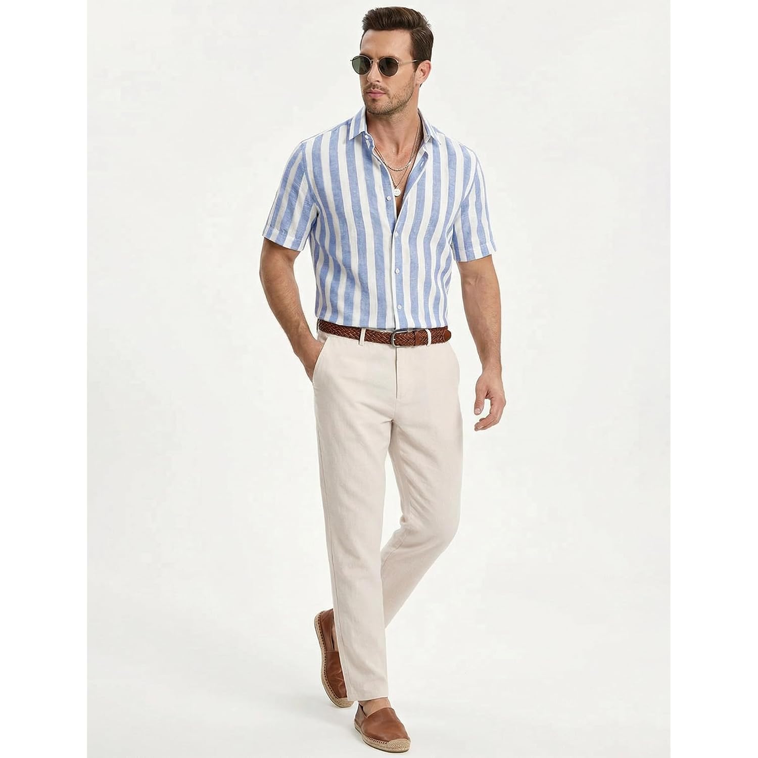 Jmierr Men'S Casual Stylish Short Sleeve Button-Up Striped Dress Shirt Cotton Beach Shirts