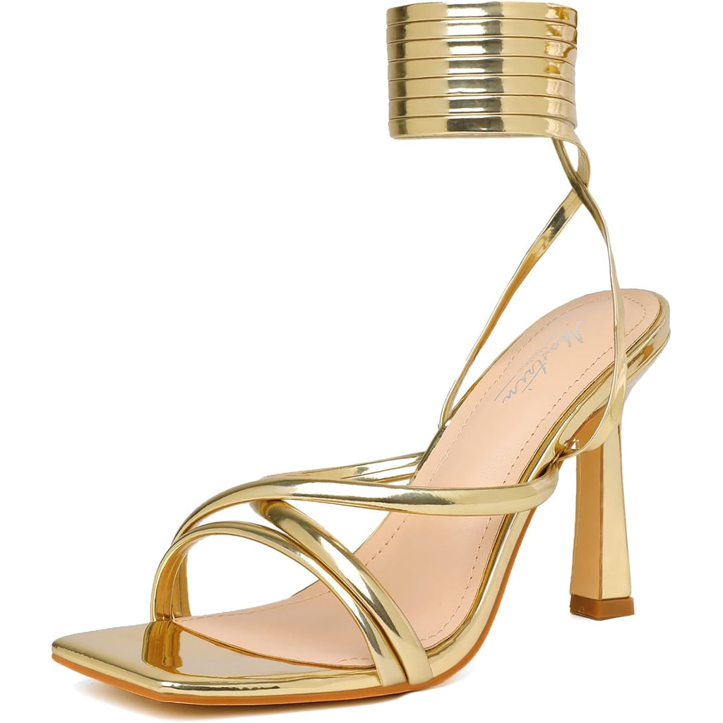 Mostrin Womens Sandals Strappy Heels For Women Lace Up Square Open Toe Heels Tie Up High Heeled Sandals For Prom, Party, Daily Wear