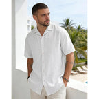 Mens Cotton Linen Shirt Casual Lightweight Button Down Shirt Short Sleeve Summer Beach Vacation Tops