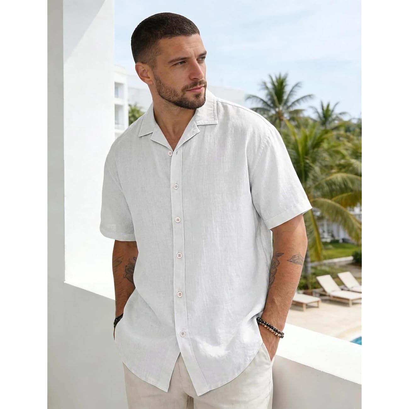 Mens Cotton Linen Shirt Casual Lightweight Button Down Shirt Short Sleeve Summer Beach Vacation Tops