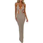 Women Sexy Crochet Maxi Dress Cut Out Halter V Neck Backless Knit Bodycon Long Dress Summer Beach Evening Party Dresses
