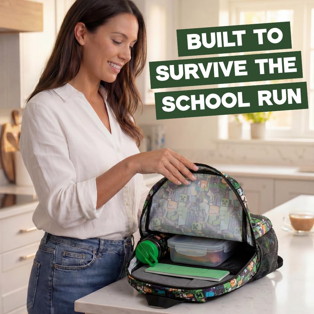 Minecraft Steve & Creeper Multicolour Backpack | Graphic Print Zip-Up Bag For Back To School | Kids Carrying Books | Unisex Kids Merch