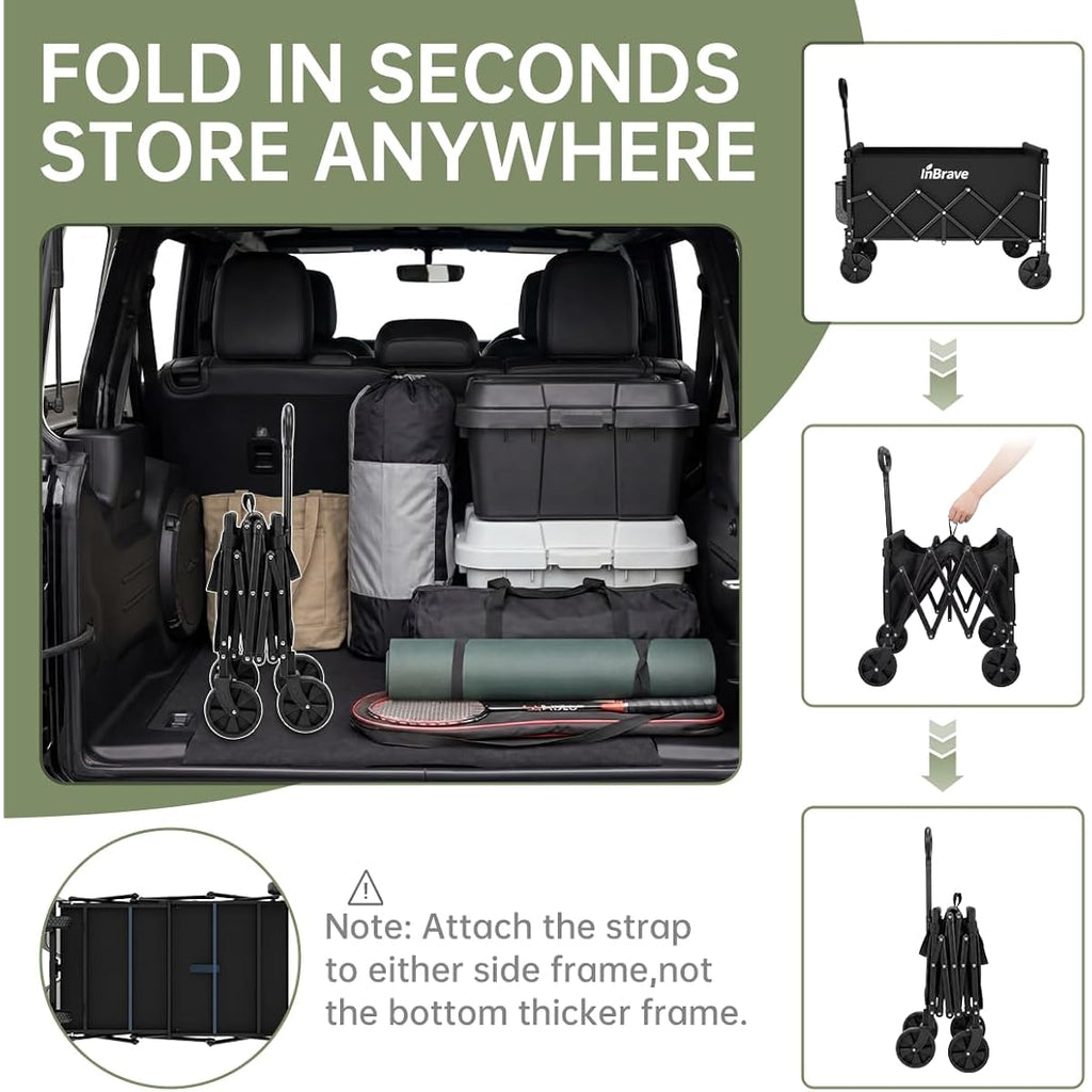 Collapsible Wagon Cart Foldable Beach Wagon With All-Terrain Wheels - 380 Lbs Heavy Duty Grocery Cart For Shopping, Beach, Camping, Sports, Garden (Black)