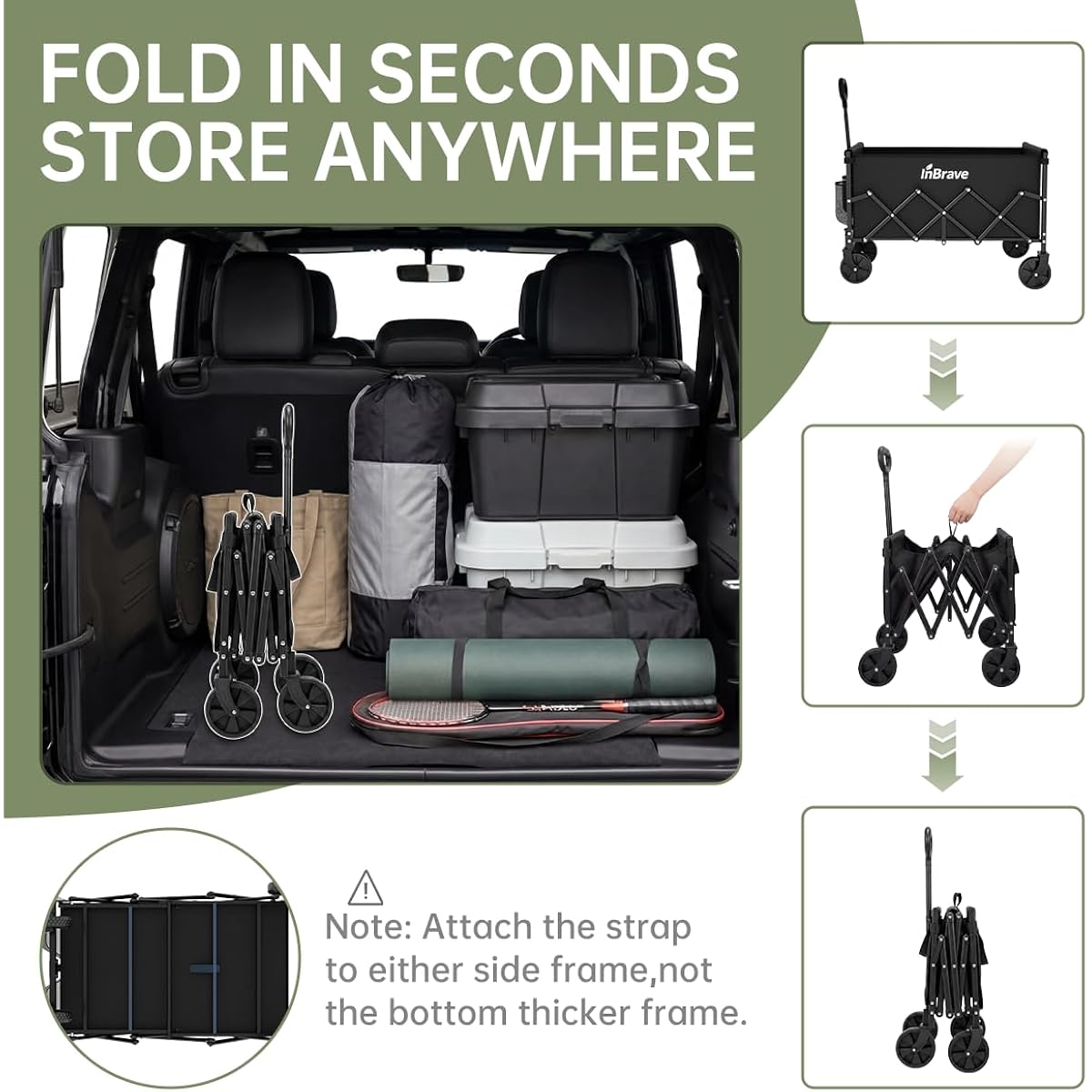 Collapsible Wagon Cart Foldable Beach Wagon With All-Terrain Wheels - 380 Lbs Heavy Duty Grocery Cart For Shopping, Beach, Camping, Sports, Garden (Black)
