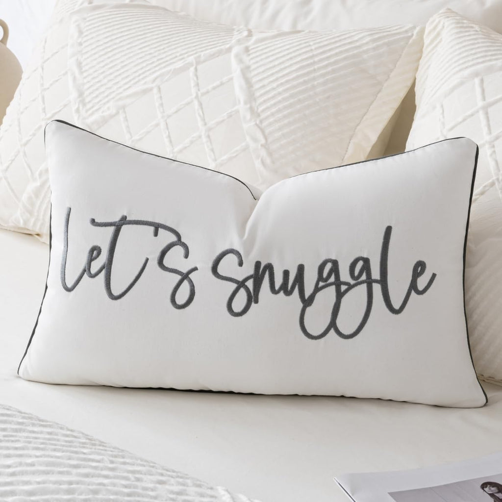 Sunkifover Let's Snuggle Decorative Lumbar Pillow Cover - 12x20 Inch White and Grey Cotton Embroidery Throw Pillowcase for Bed, Bedroom, Living Room, Home Decor