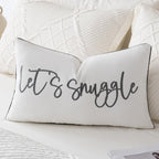 Sunkifover Let's Snuggle Decorative Lumbar Pillow Cover - 12x20 Inch White and Grey Cotton Embroidery Throw Pillowcase for Bed, Bedroom, Living Room, Home Decor