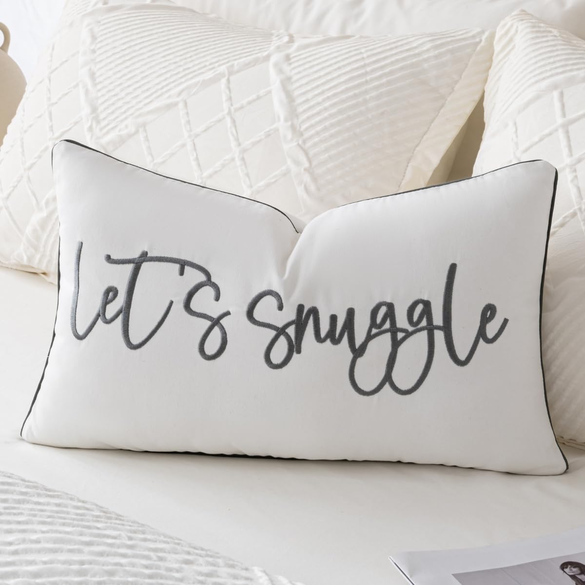 Sunkifover Let's Snuggle Decorative Lumbar Pillow Cover - 12x20 Inch White and Grey Cotton Embroidery Throw Pillowcase for Bed, Bedroom, Living Room, Home Decor