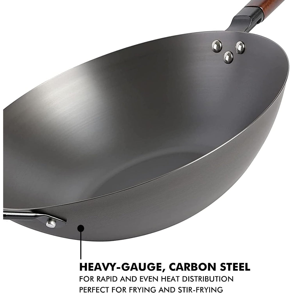 Babish Carbon Steel Wok 14 Inch Flat Bottom Stir Fry Pan Durable Heavy Duty Cookware For High Heat Cooking Stir Fry Sautéing Frying Compatible With Gas Electric And Induction Stovetops