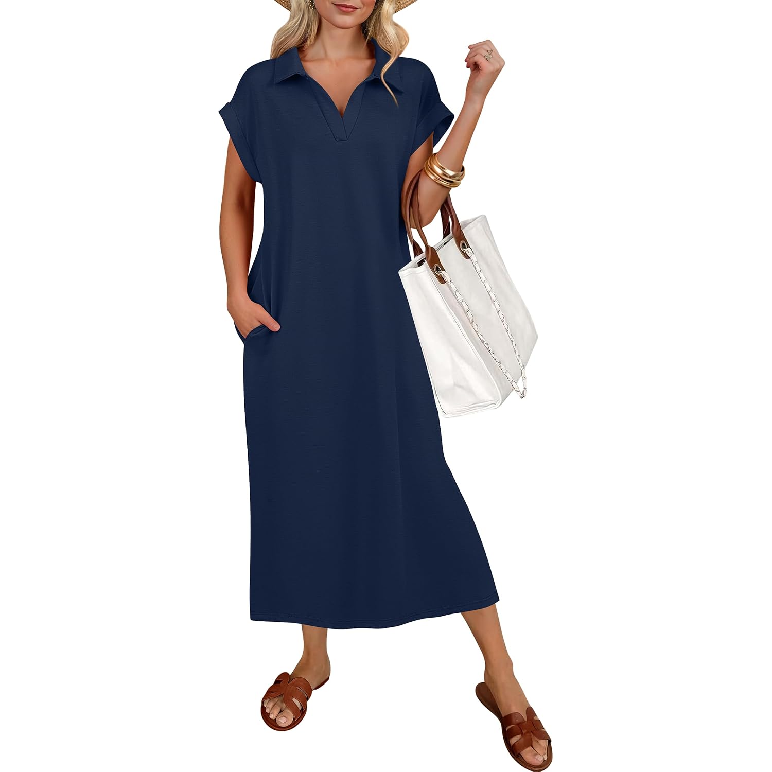 Anrabess Womens Summer Casual Polo V Neck Dresses | Short Sleeve Split Tshirt Maxi Dress With Pockets, Soft Wrinkle-Free Loose Fit, Beach Vacation Travel Outfit, Summer Clothes