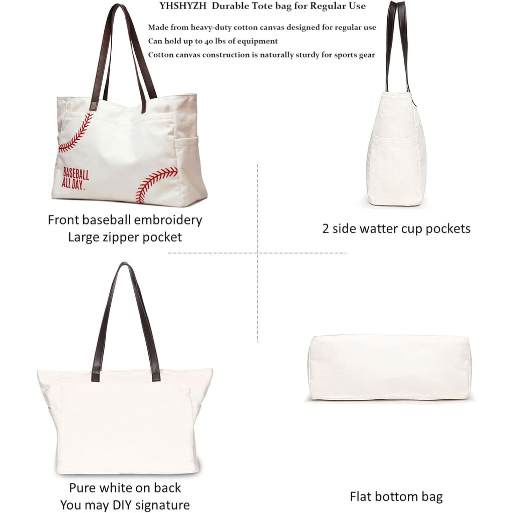 Canvas Tote Bag for Women, Embroidery Baseball Mom Bag, Baseball Mom Accessories, Sports Team Must Have, Baseball Gifts, Baseball-Specific Daily Use for Games, Travel, Gym(X-large white) …
