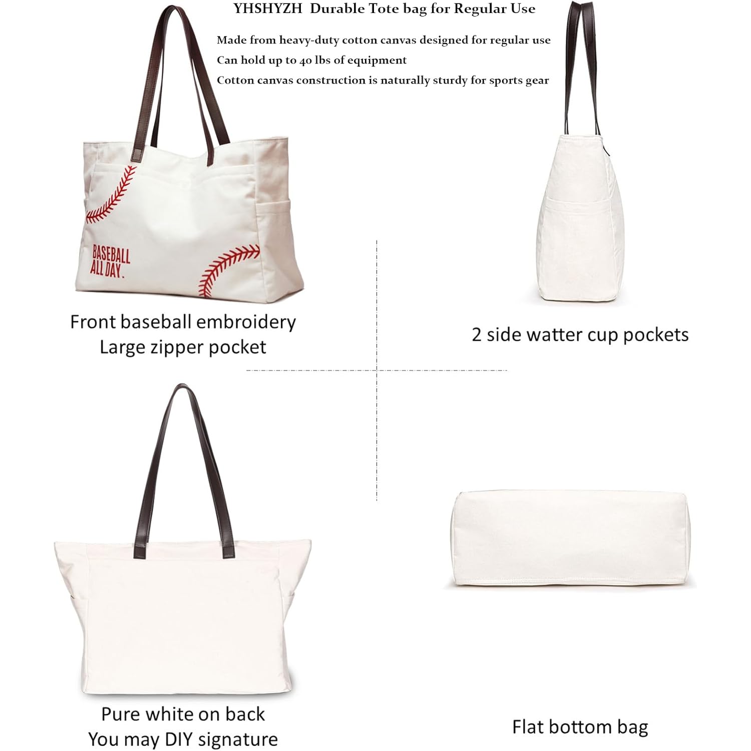 Canvas Tote Bag for Women, Embroidery Baseball Mom Bag, Baseball Mom Accessories, Sports Team Must Have, Baseball Gifts, Baseball-Specific Daily Use for Games, Travel, Gym(X-large white) …